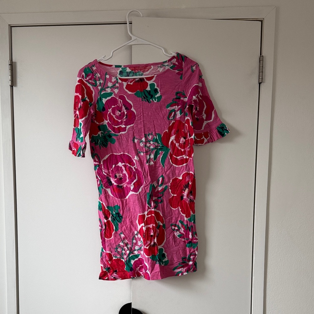 Lilly Pulitzer Pink Floral Shift Dress – Bold Red & Green Print Mini Dress